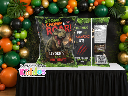 Dinosaur-themed birthday party with personalized snack bags and colorful balloons.