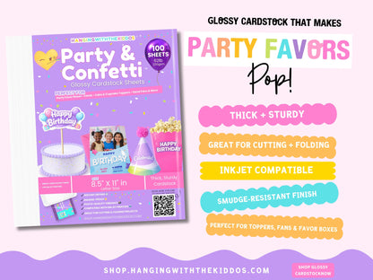 Party Favor Printing Starter Kit (3 Pack) – Glossy Paper + Printable Vinyl + Glossy Cardstock, 8.5x11