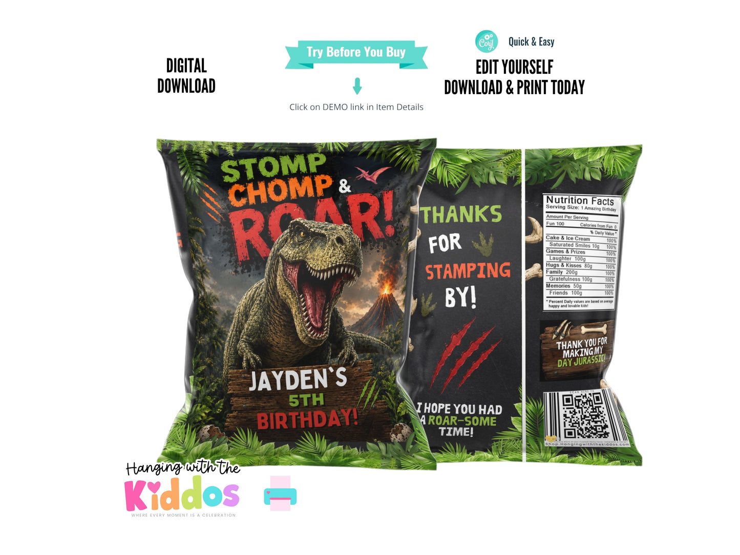 Dinosaur-themed party favor bag with personalized text on a white background