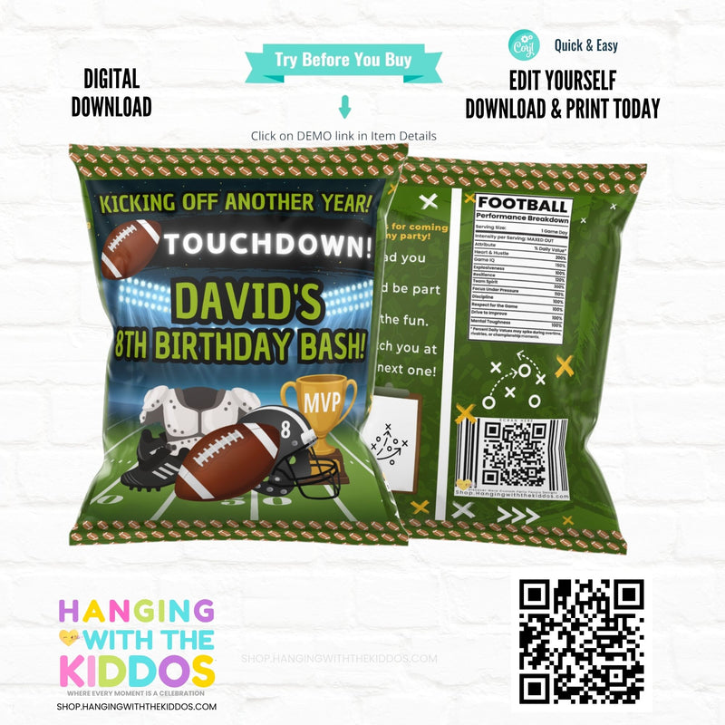 Editable Football Birthday Chip Bag Template – Instant Download Party Favor