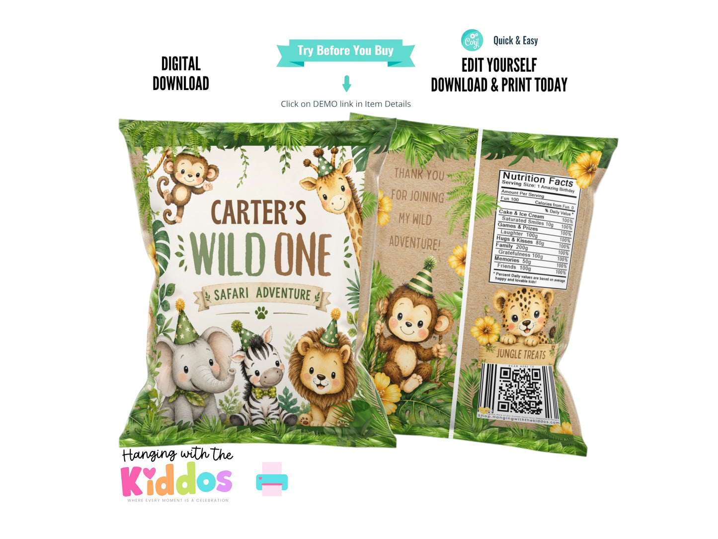 Wild One Safari Chip Bag Template