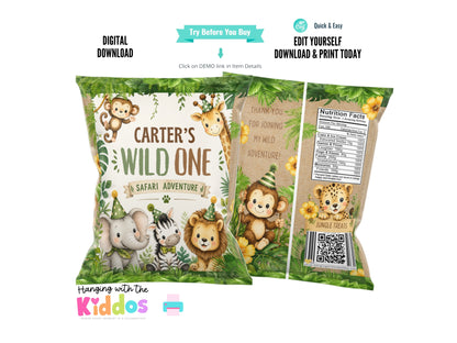 Wild One Safari Chip Bag Template