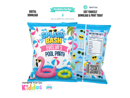 Pool Party Chip Bag Template | Editable Summer Birthday Party Favor