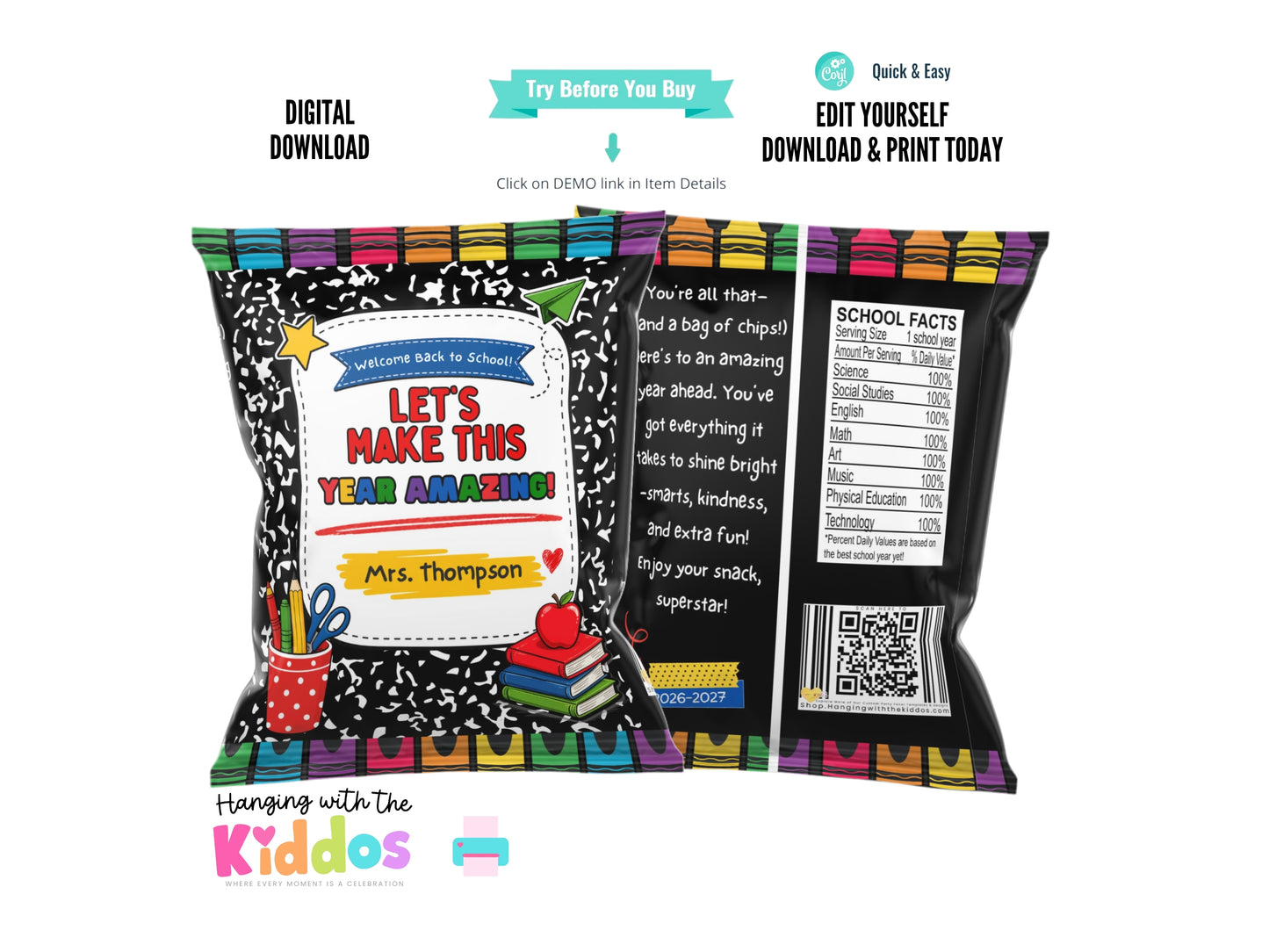 Back to School Chip Bag Template