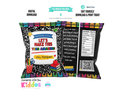 Back to School Chip Bag Template
