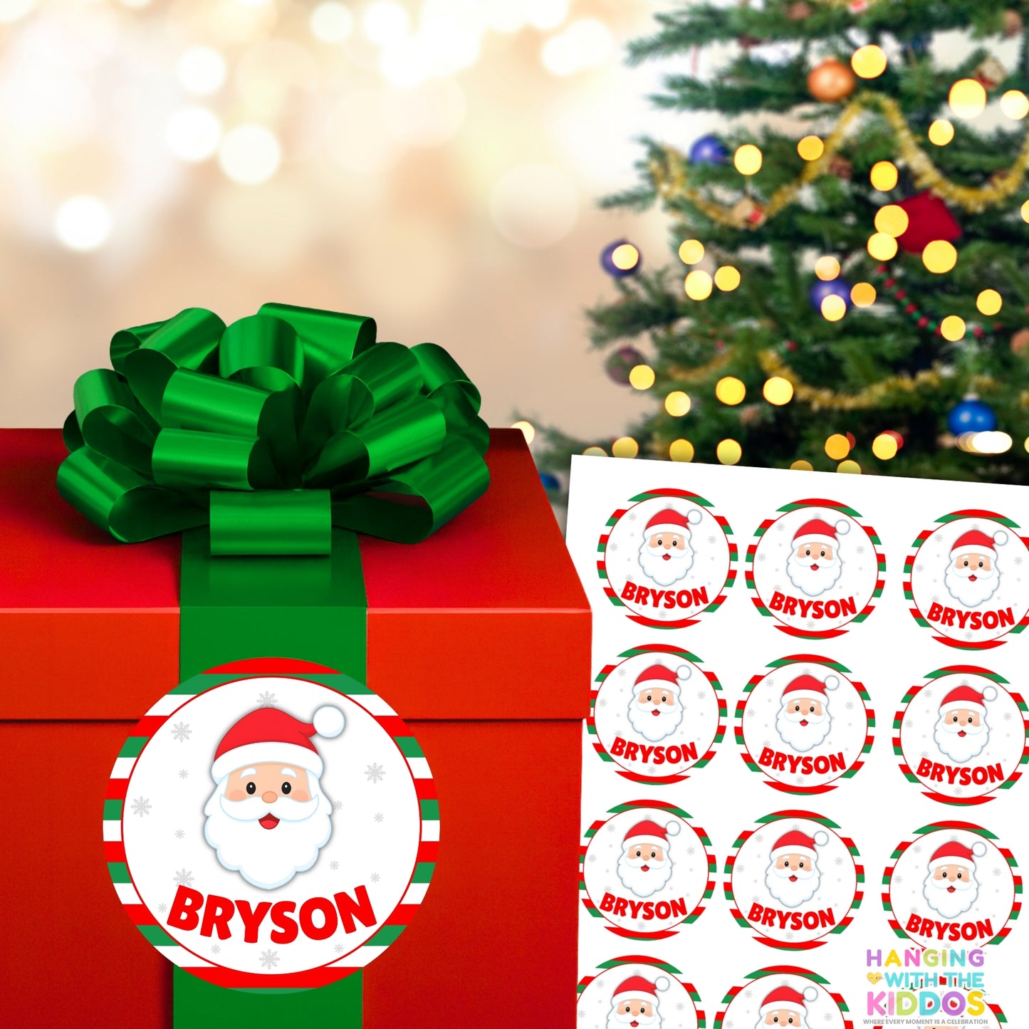 Personalized Christmas Stickers | Custom Name Holiday Labels 2″ x 2″ Santa (Light Skin)