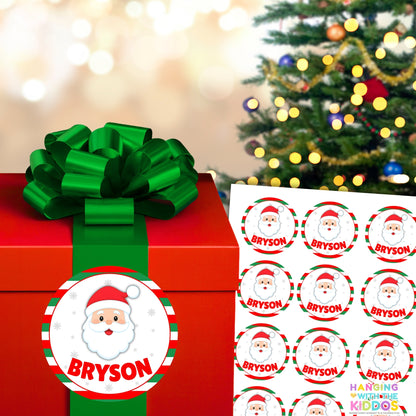Personalized Christmas Stickers | Custom Name Holiday Labels 2″ x 2″ Santa (Light Skin)