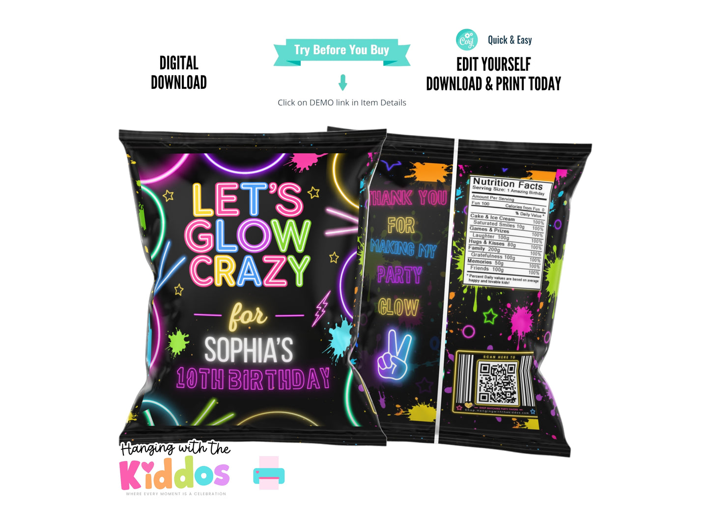 Glow Party Chip Bag Template | Editable Neon Birthday Party Favor