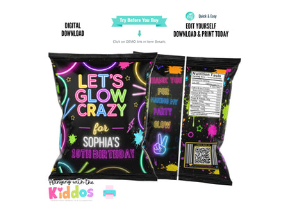 Glow Party Chip Bag Template | Editable Neon Birthday Party Favor