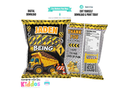 Construction 1st Birthday Chip Bag Template | Digs Being One