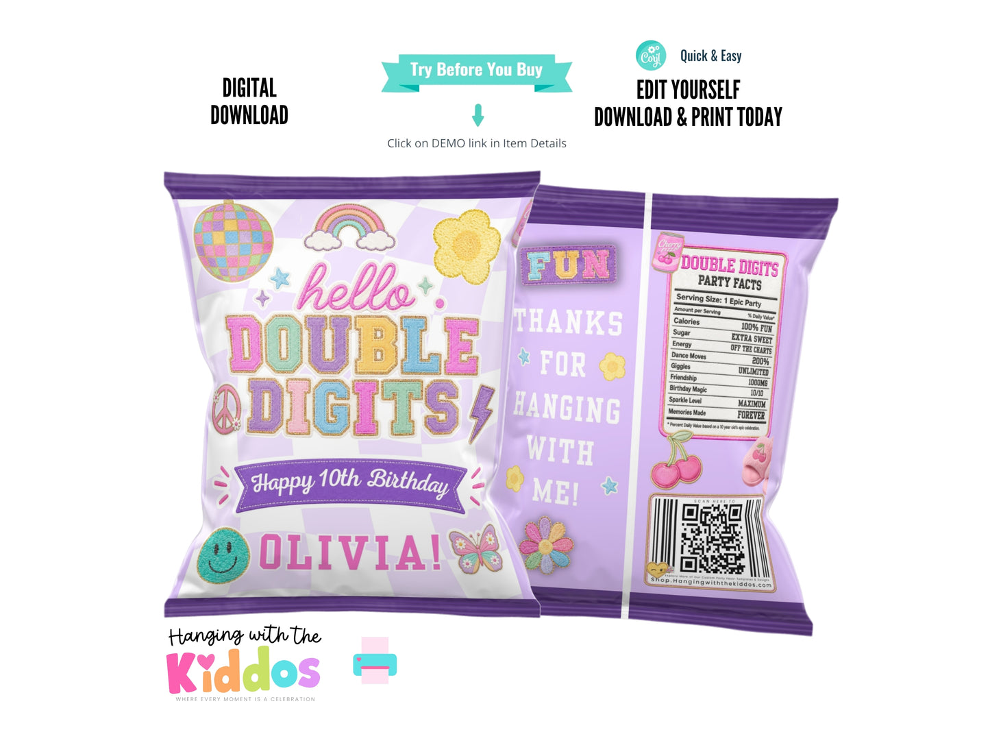 Double Digits Chip Bag Template Editable | Tween Birthday Party Favor Bag