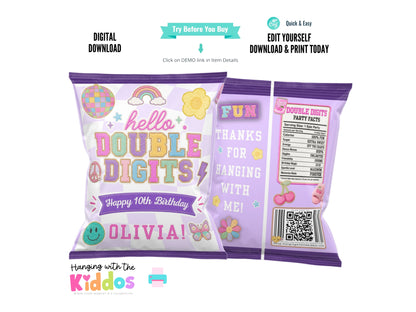 Double Digits Chip Bag Template Editable | Tween Birthday Party Favor Bag