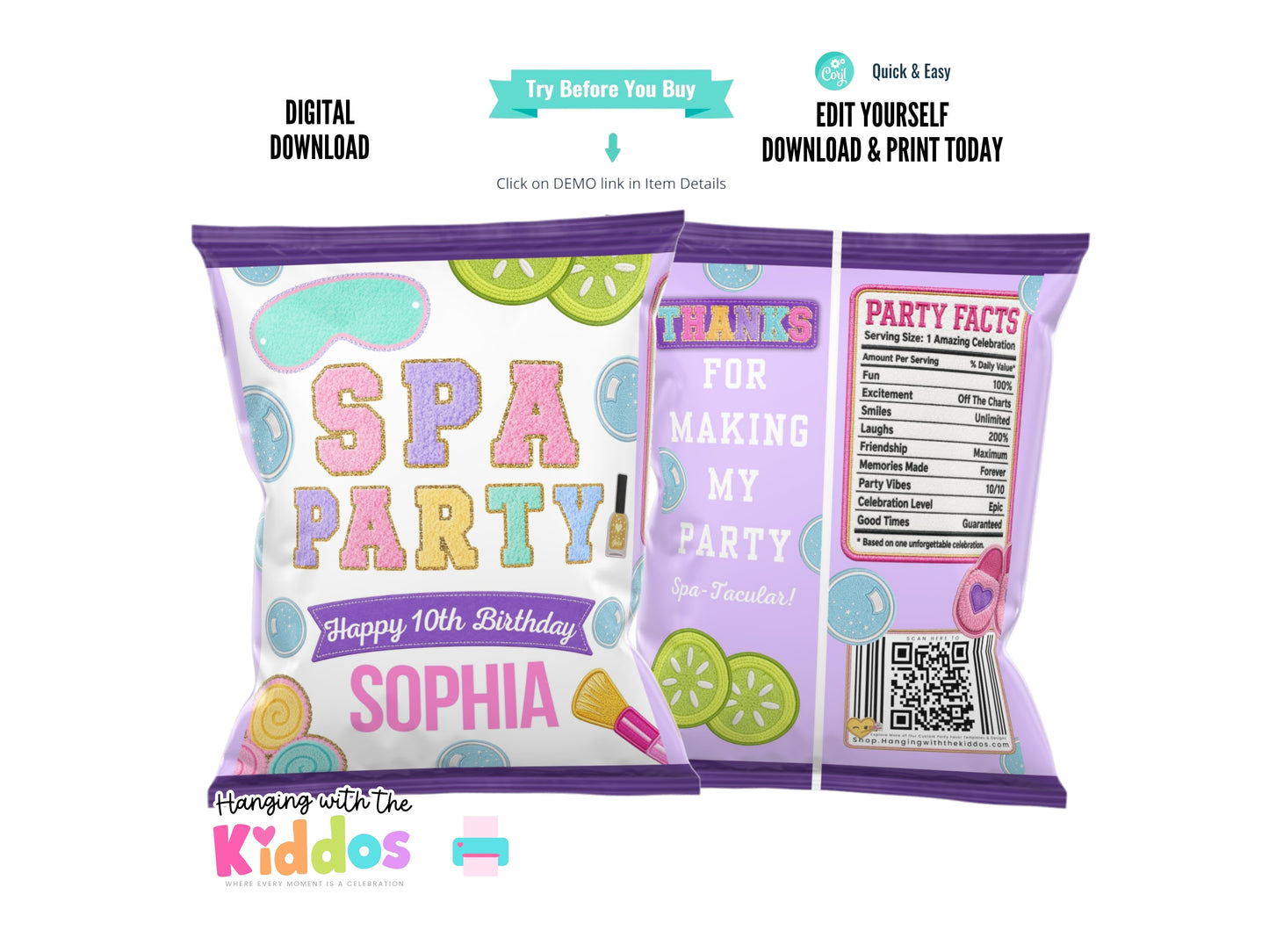 Digital Spa Party invitation with colorful design and text on a white background