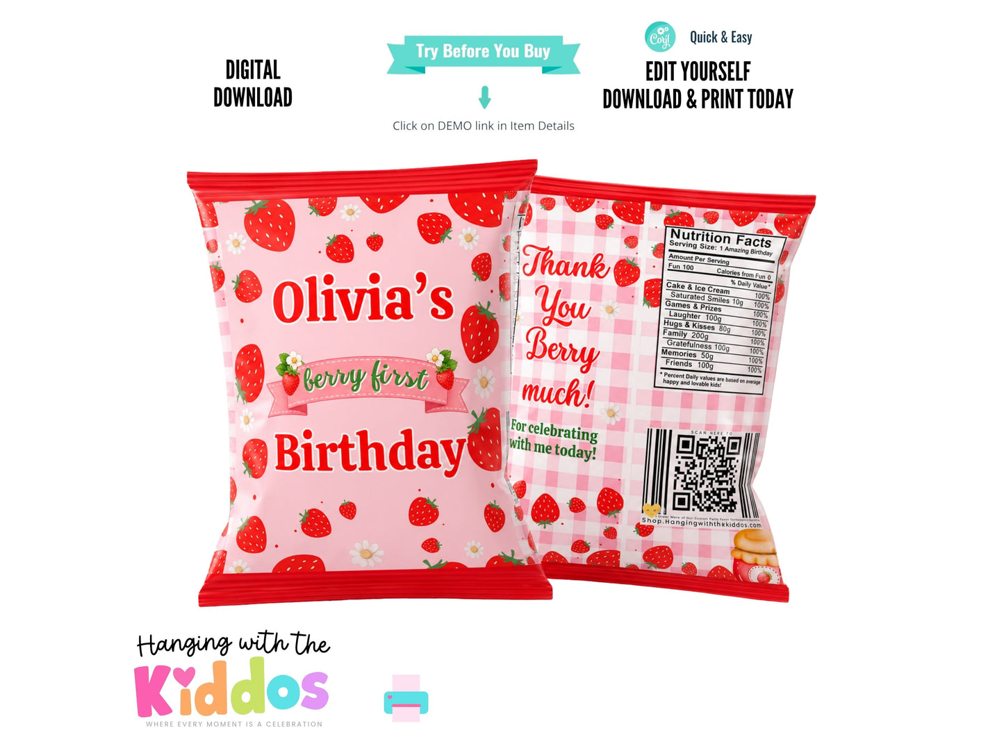 Berry First Birthday Chip Bag Template