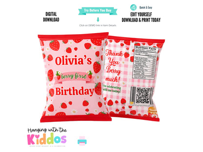 Berry First Birthday Chip Bag Template