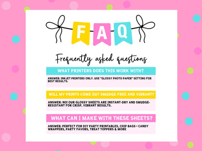 Party Favor Printing Starter Kit (3 Pack) – Glossy Paper + Printable Vinyl + Glossy Cardstock, 8.5x11