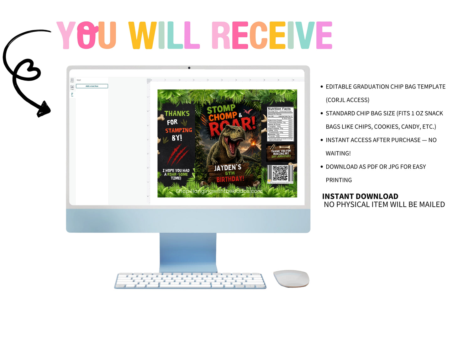 Computer screen displaying a graduation chip bag template with text about product details.