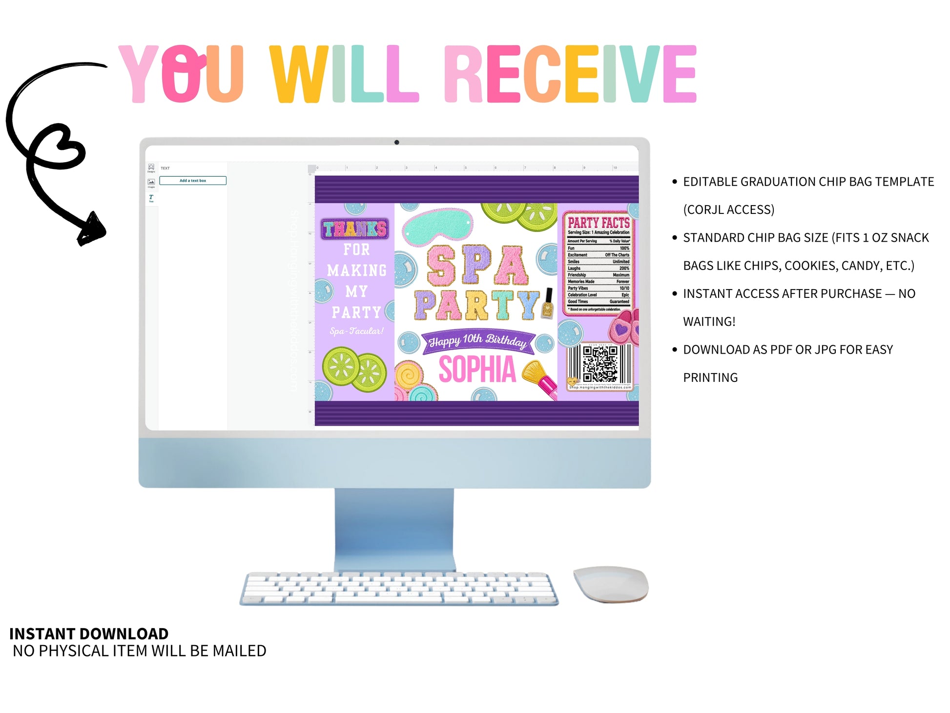 Computer screen displaying a digital chip bag template with colorful text and graphics.