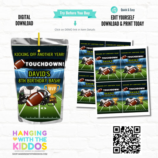 Editable Football Birthday Juice Pouch Labels