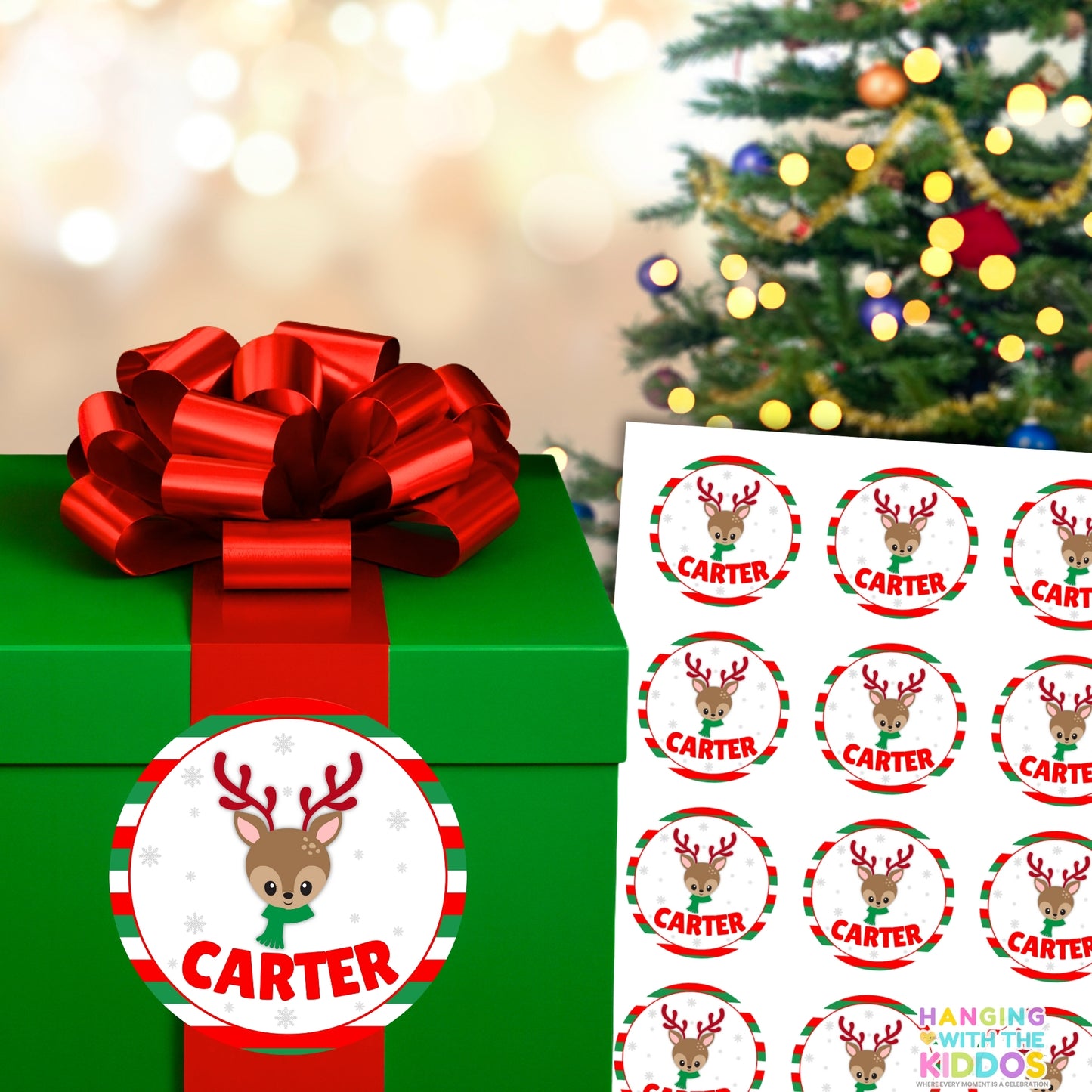 Personalized Christmas Stickers | Custom Name Holiday Labels 2″ x 2″ Boy Reindeer