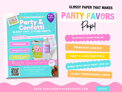 Party Favor Printing Starter Kit (3 Pack) – Glossy Paper + Printable Vinyl + Glossy Cardstock, 8.5x11