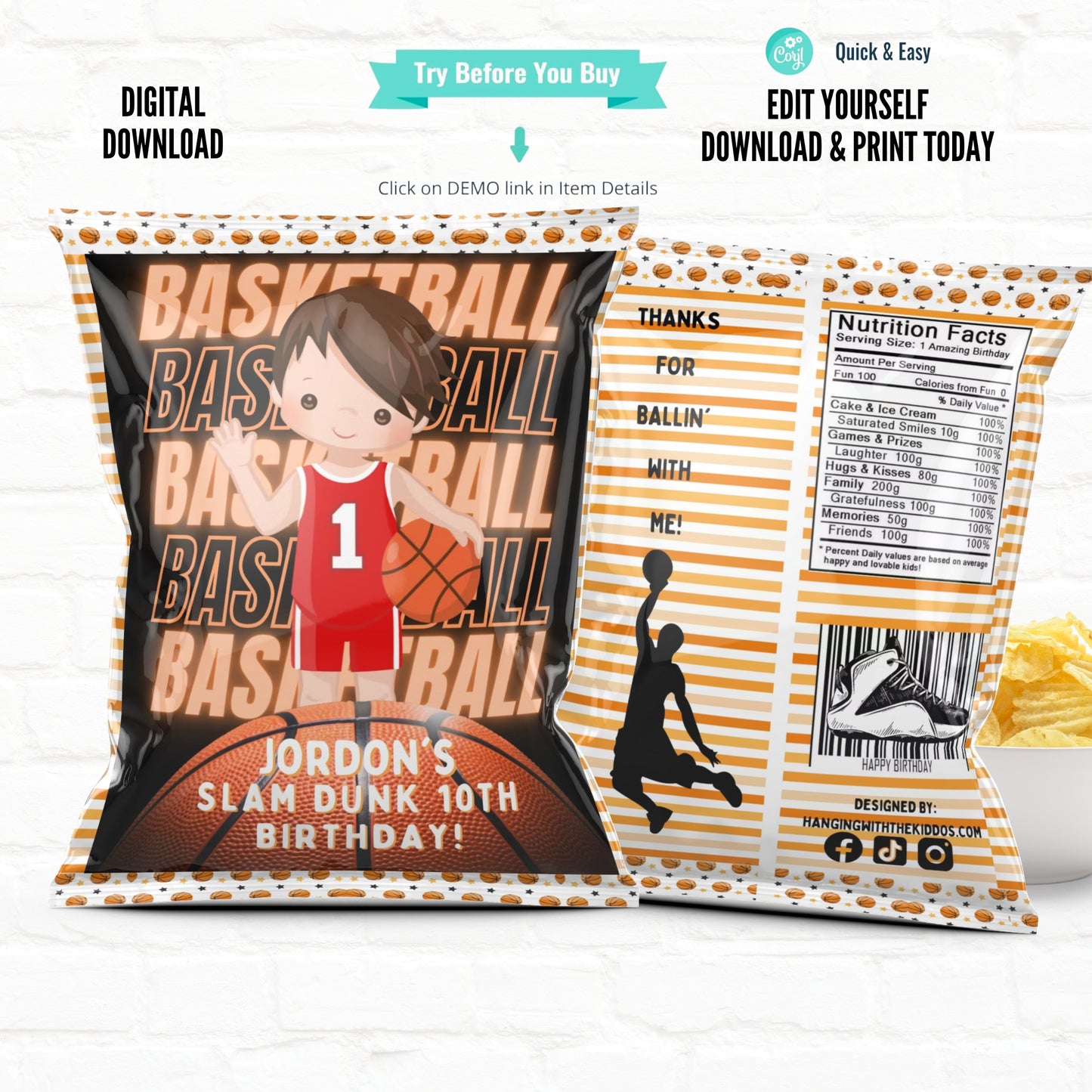 Personalized Basketball Party Favor Bags - Orange Hoops Design | Digital Download