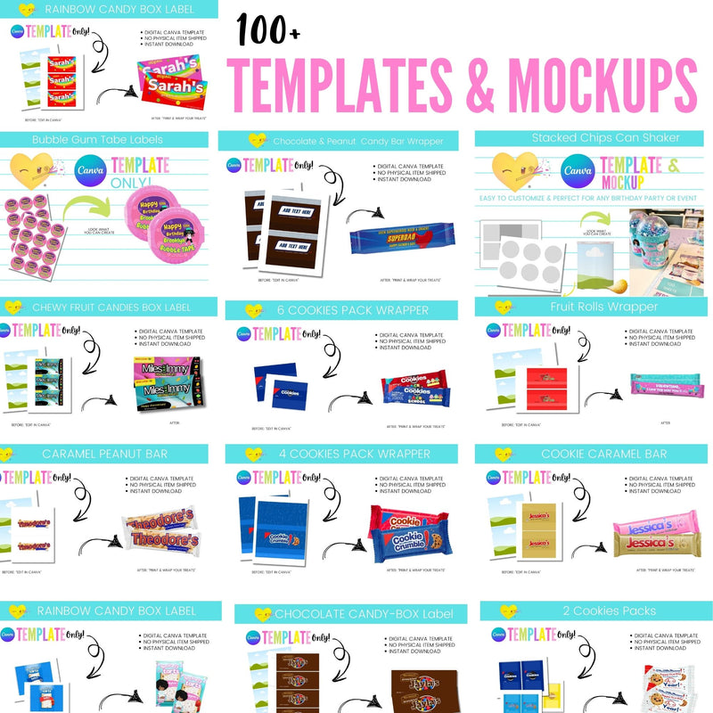 Promotional image of templates and mockups for various product packaging designs. Printable Party Favor Templates