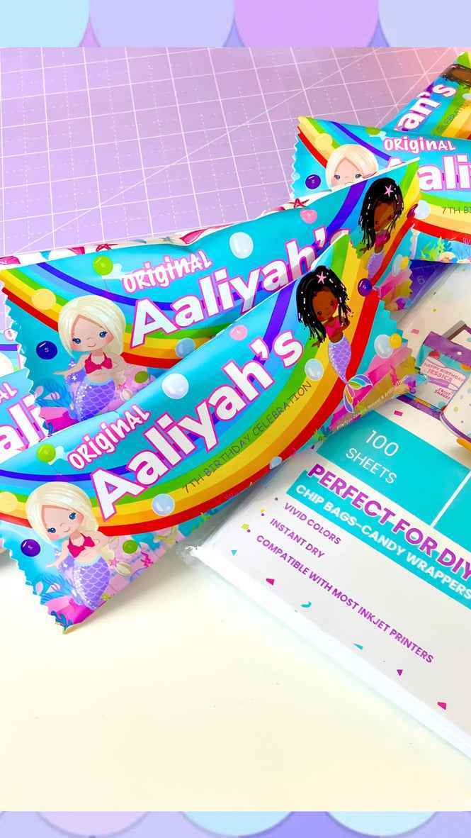 Glossy Chip Bag Paper – DIY Party Favor Sheets used for rainbow-themed candy wrappers, ideal for colorful, personalized party supplies and favors.