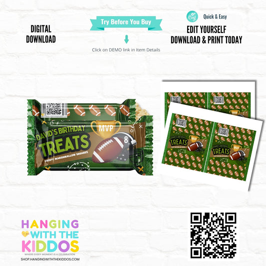 Editable Football Birthday Crispy Marshmallow Bar Wrapper