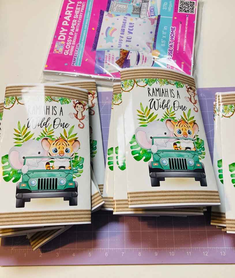 Glossy Chip Bag Paper – DIY Party Favor Sheets used for jungle-themed birthday wrappers, perfect for personalized party supplies and candy bags.