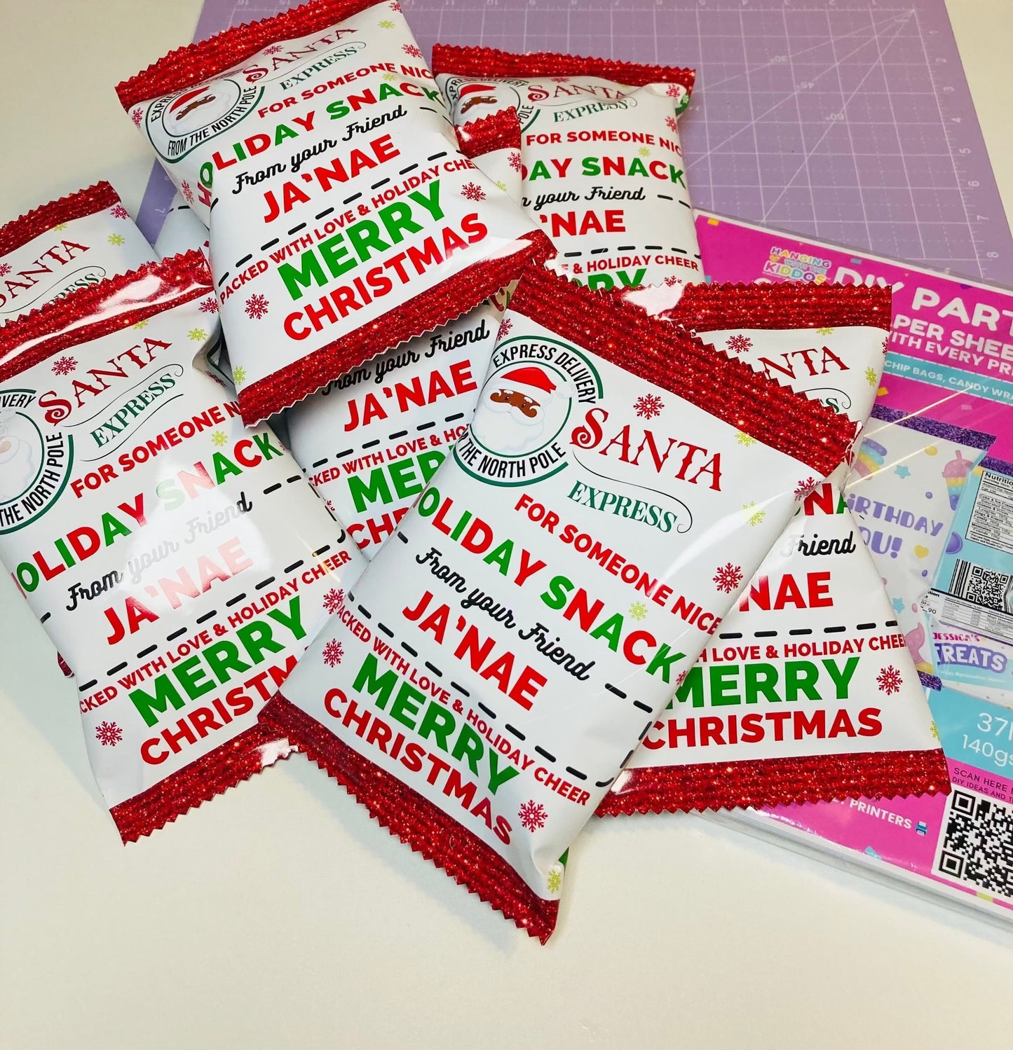 Glossy Chip Bag Paper – DIY Party Favor Sheets used for custom Christmas snack bags, perfect for festive, inkjet-printed holiday wrappers.