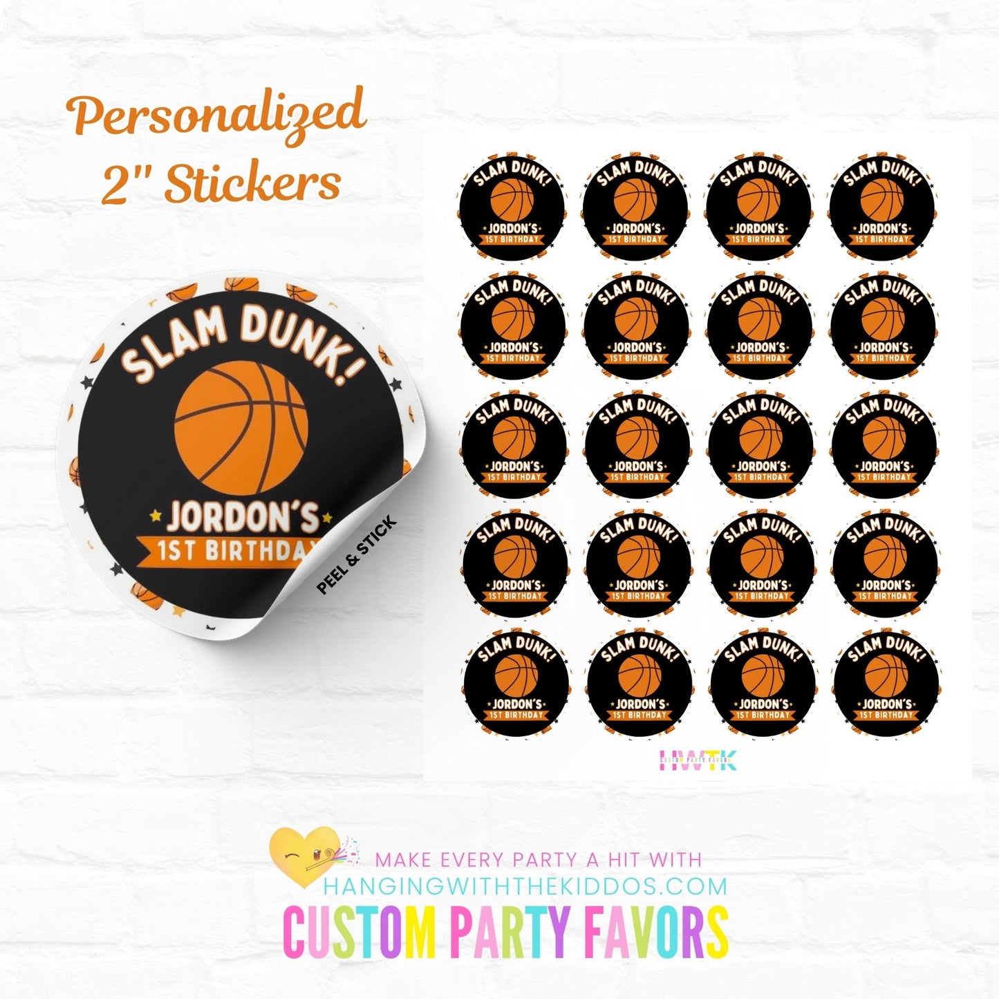Basketball Party 2" Personalized Round Stickers