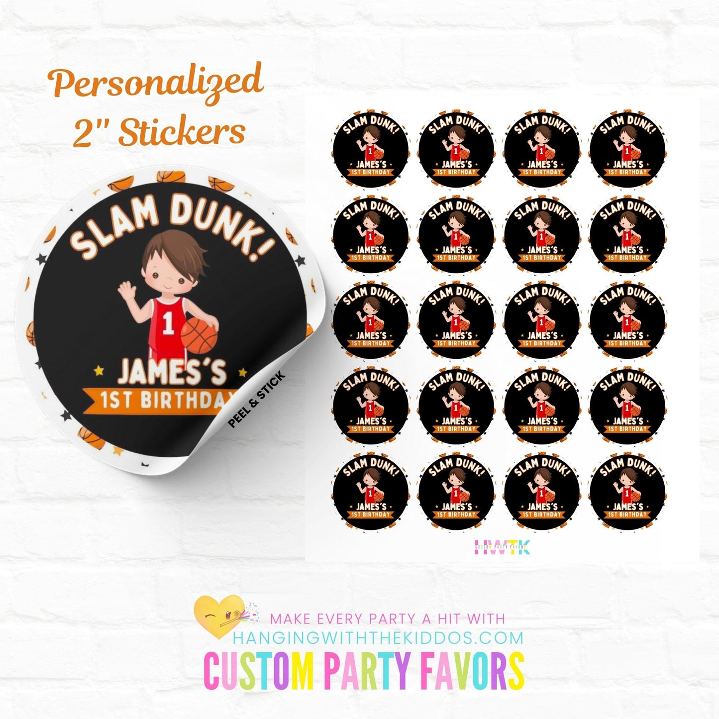 Basketball Party Slam Dunk 2" Personalized Round Stickers