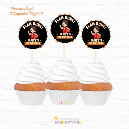 Boy Basketball Party Personalized Cupcake Toppers 12pc