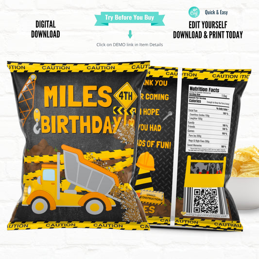Construction Birthday Party Favors Personalized Chip Bags|Printable File