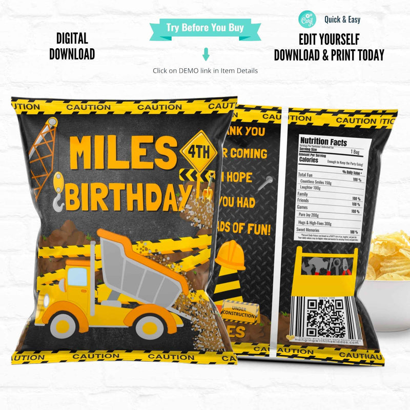 Construction Birthday Party Favors Personalized Chip Bags|Printable File