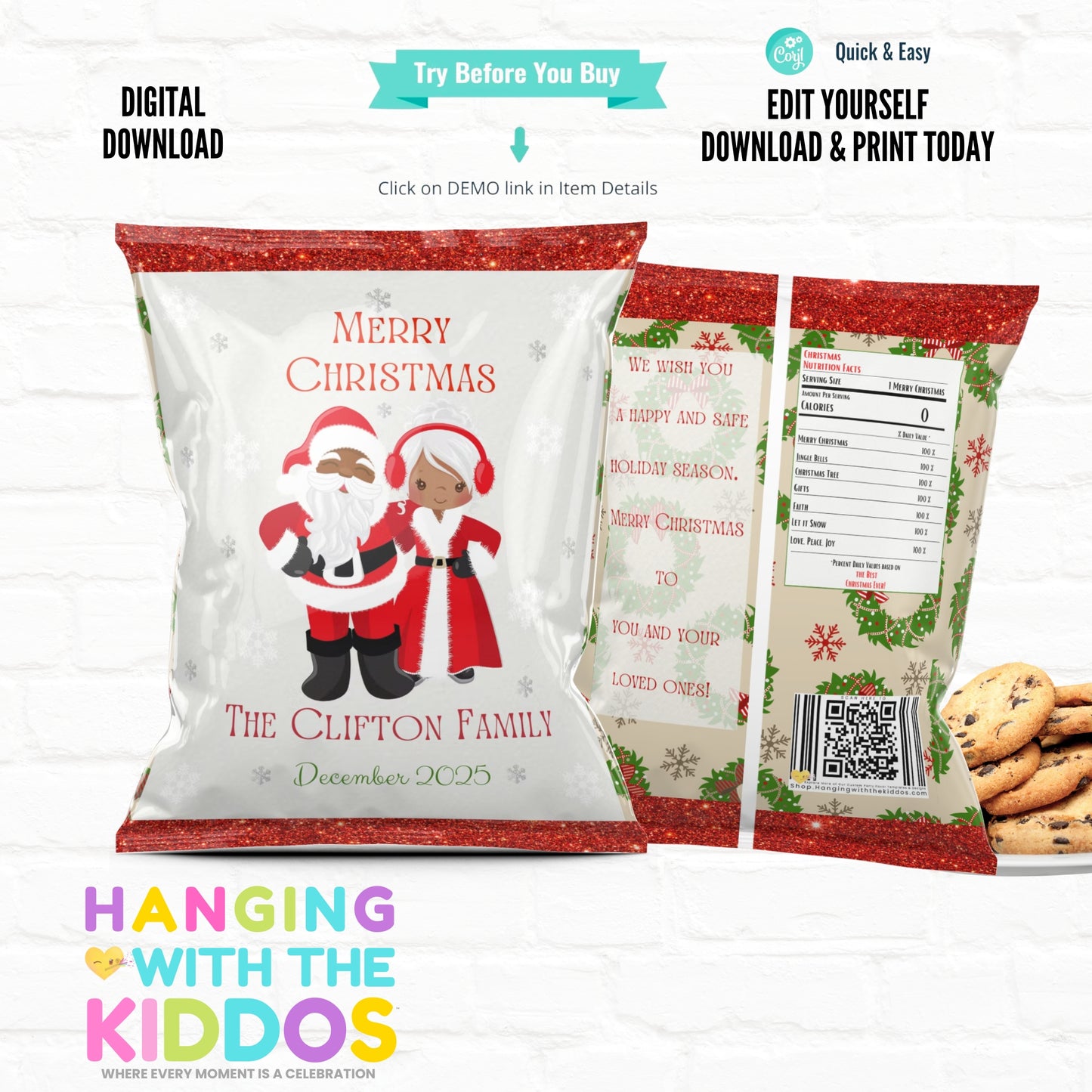 Black Santa Christmas Chip Bag Template