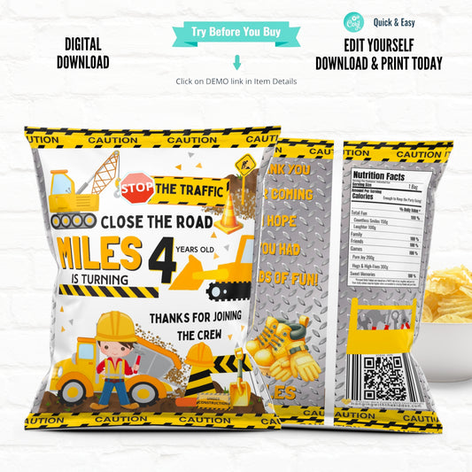 Construction Party Stop The Traffic Close The Road| Personalized Chip Bags| Printable File 04