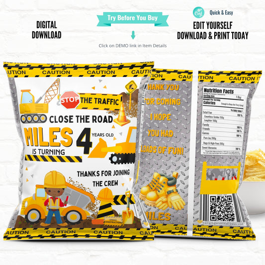 Construction Party -Stop The Traffic Close The Road| Personalized Chip Bags| Printable File 02