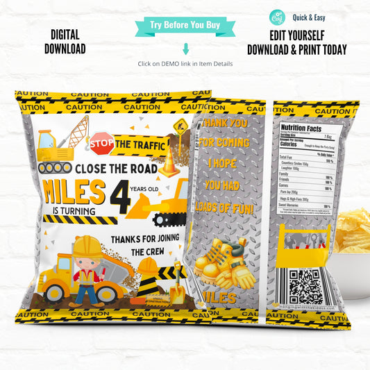 Construction Party Stop The Traffic Close The Road| Personalized Chip Bags| Printable File 03