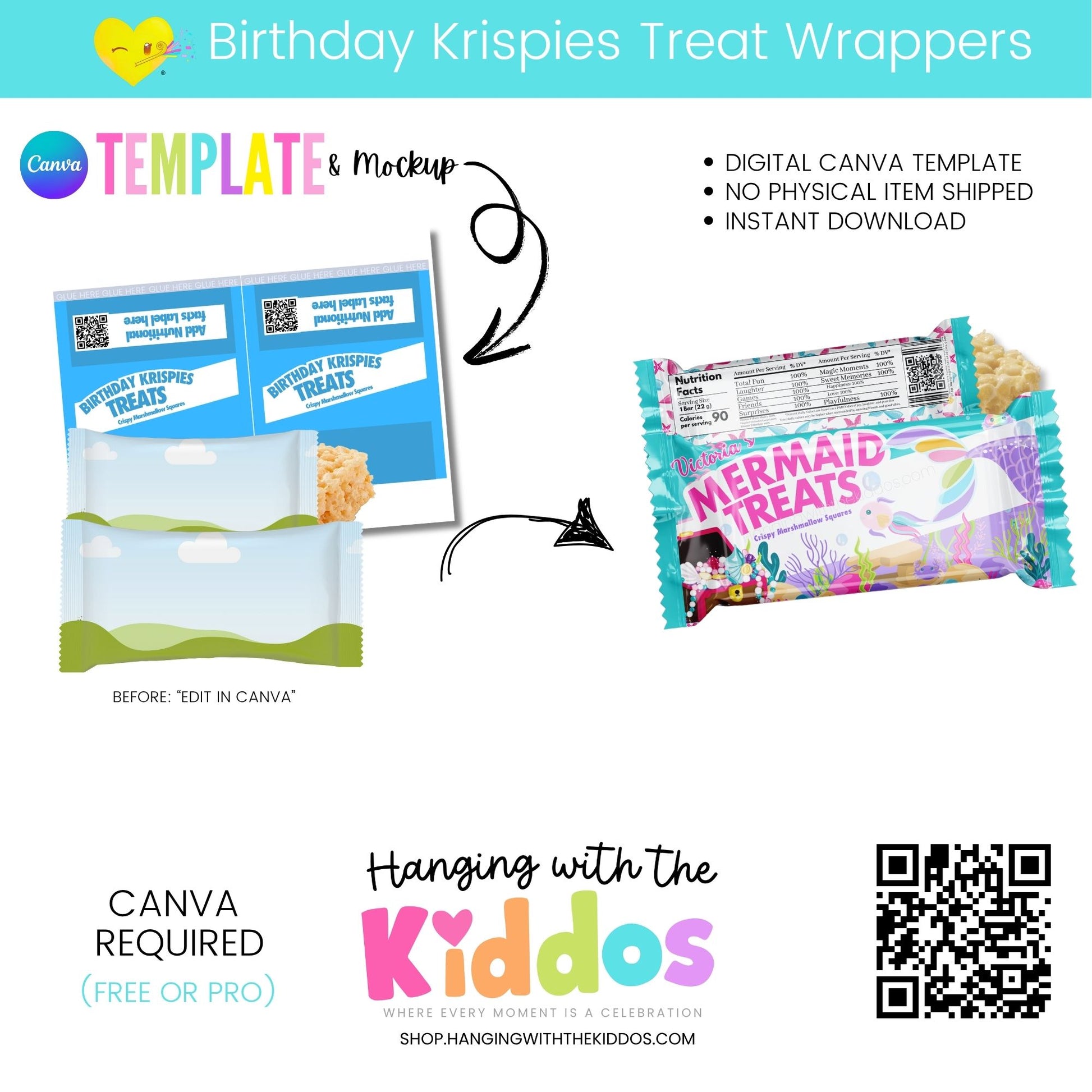 Crispy Treat Wrapper Template – Editable Canva Party Favor Labels + Mockup