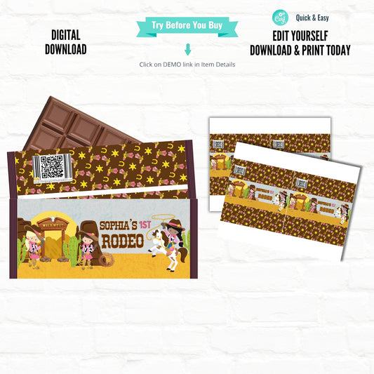Western Cowgirl Personalized Chocolate Candy Bar Wrappers| Printable File