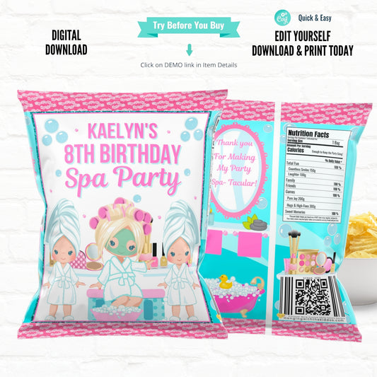 Girls Spa Party Personalized Chip Bags Party Favor Treat Bags|Printable File