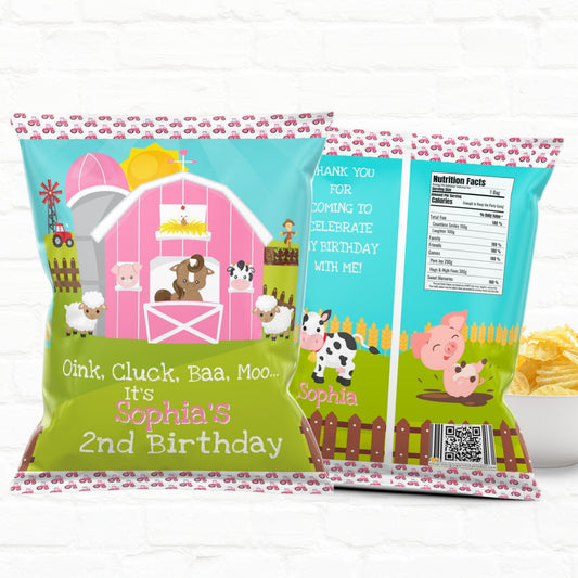 Pink Barnyard Farm Birthday Custom Party Favor Chip Bags