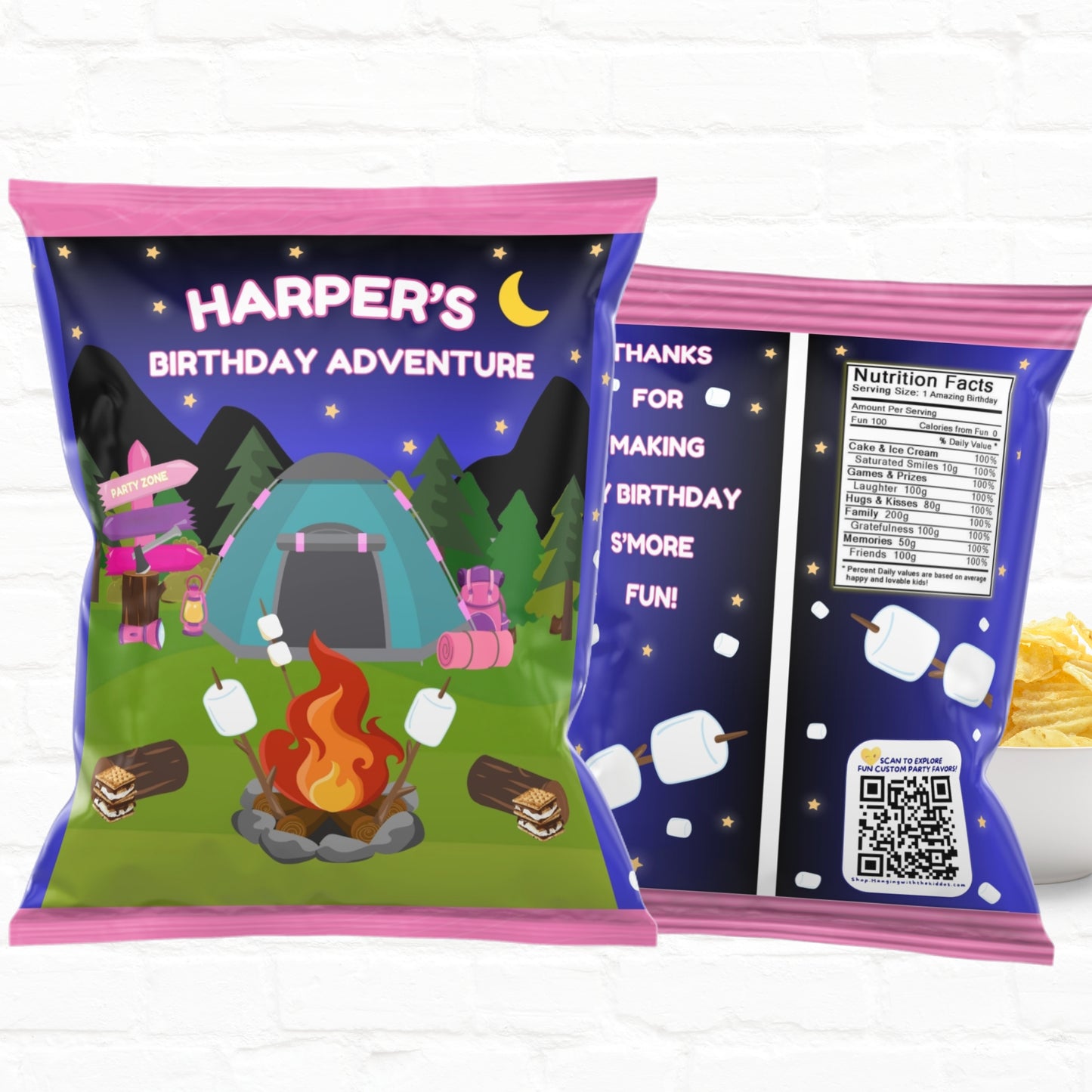 Pink Campfire Chip Bag Template for Kids Party | Editable Digital Download