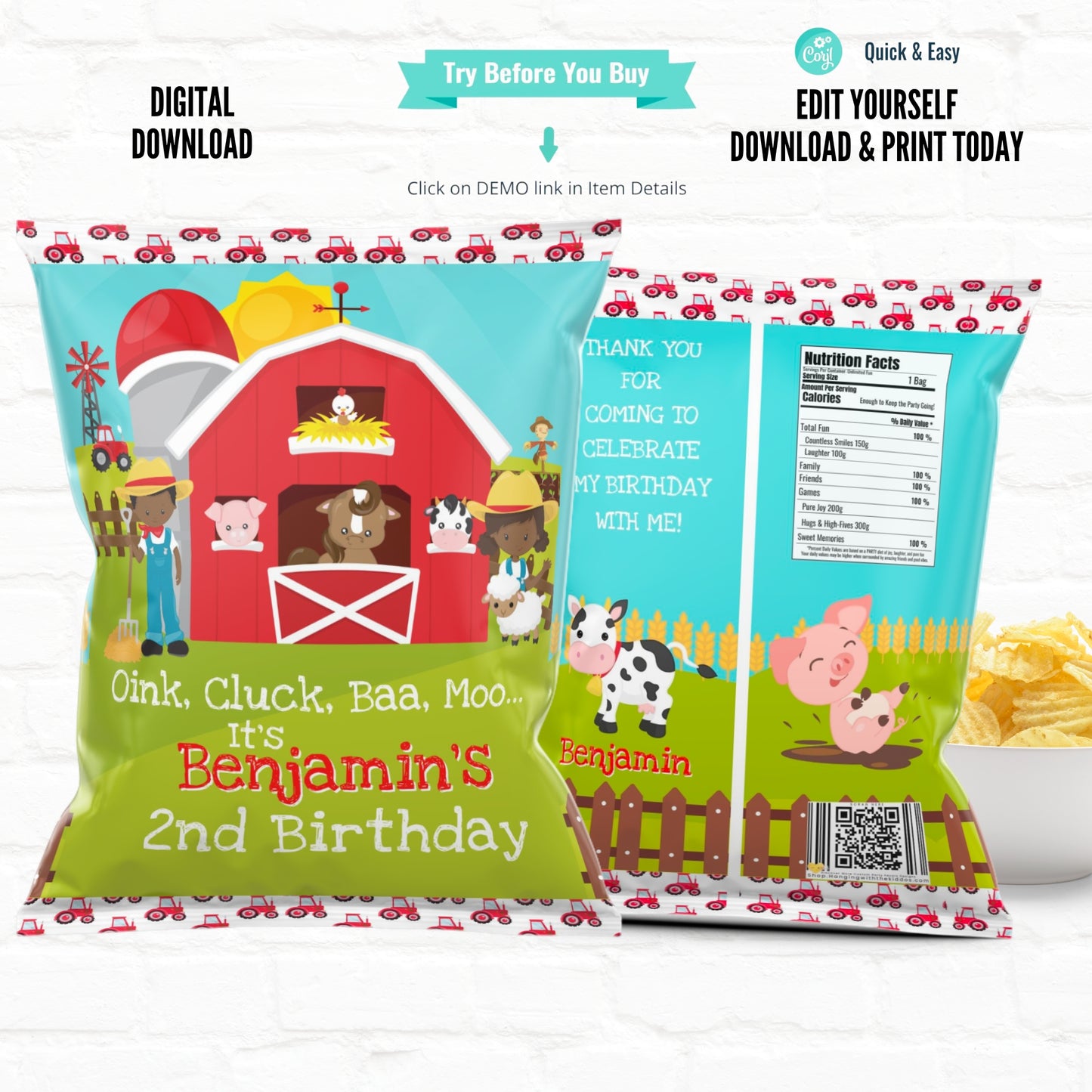 Barnyard Farm Birthday Personalized Chip Bags|Printable File 02
