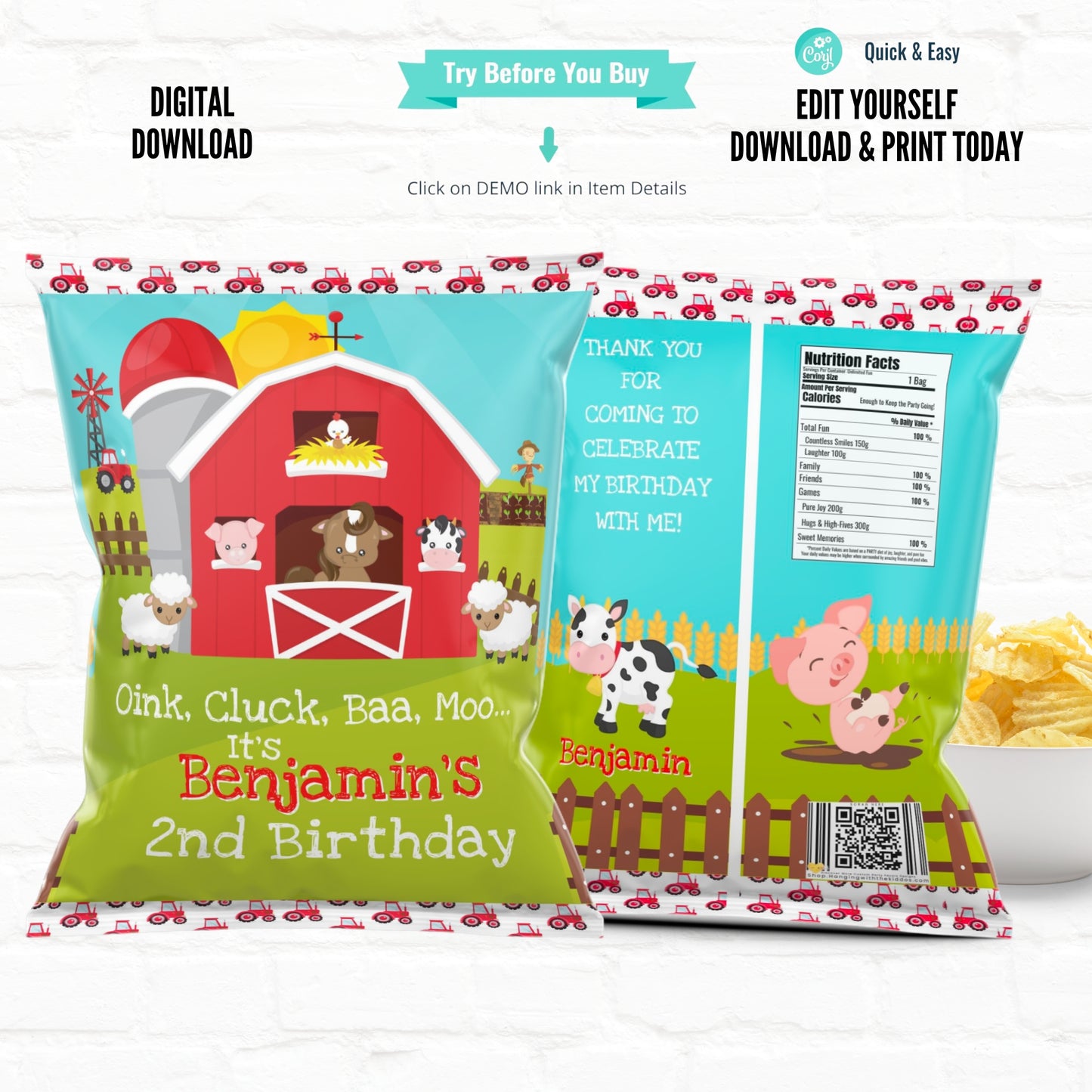 Barnyard Farm Birthday Personalized Chip Bags|Printable File