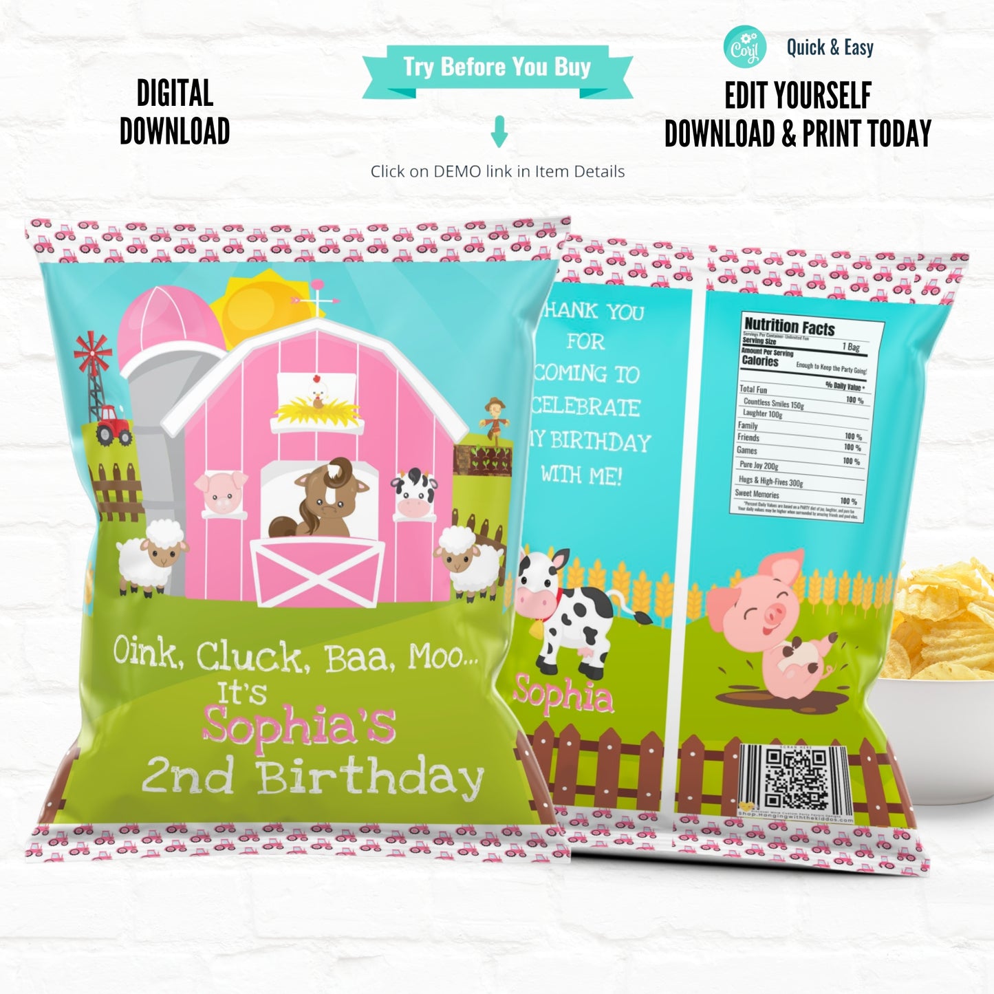 Pink Barnyard Farm Birthday Personalized Chip Bags|Printable File