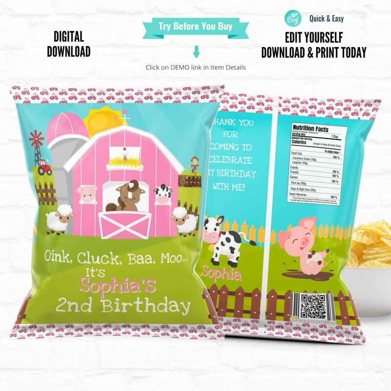 Pink Barnyard Farm Birthday Personalized Chip Bags|Printable File