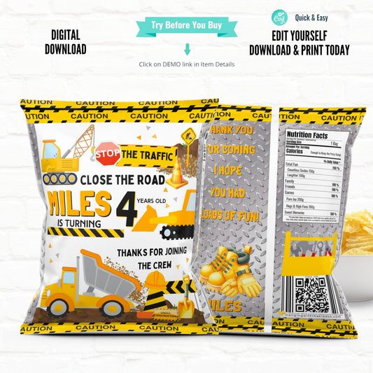Construction Party -Stop The Traffic Close The Road| Personalized Chip Bags| Printable File